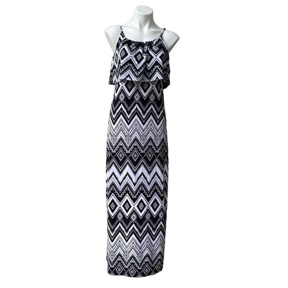 Bobbie Brooks Womens Maxi Dress Layered Chevron Stretch Black White Medium - Picture 1 of 9